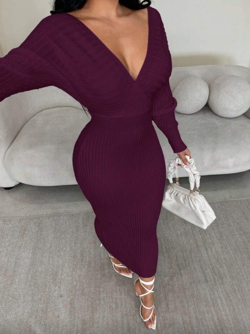 Plum/Burgundy Ribbed V-Neck Midi Dress with Long Sleeves